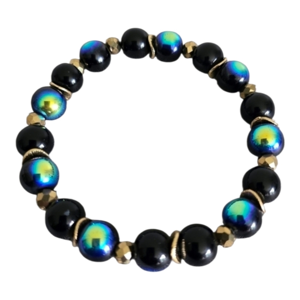 Glass Bead Beaded Gold Blue Stretch Bracelet Modern Boho Chic Edgy Unique Glam